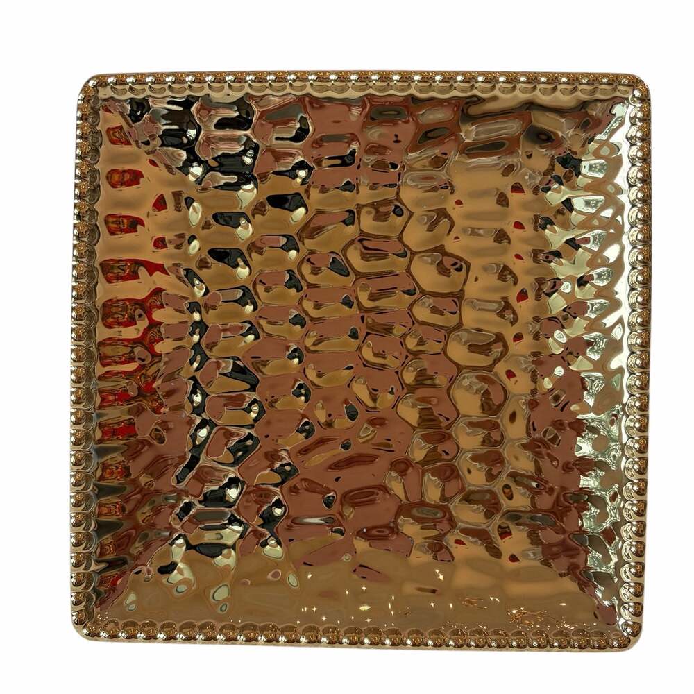 Hammered Gold Serving Plate 7.5in Square Enameled Ceramic NEW